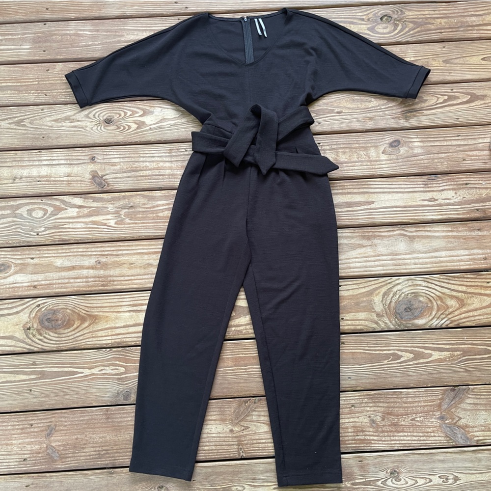 Anthropologie Jumpsuit Womens Size XS Black Sutton Ponte Belted Pockets V Neck - Picture 3 of 13
